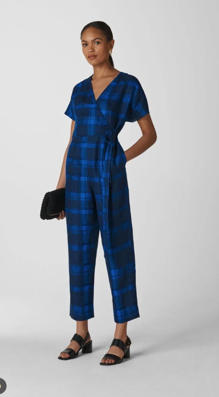 Whistles Blue Check Wrap Linen Jumpsuit size 6 Cropped